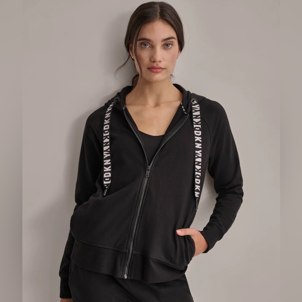 DKNY Sport Oversized Logo Black Zip Up Drawcord Hooded Jacket